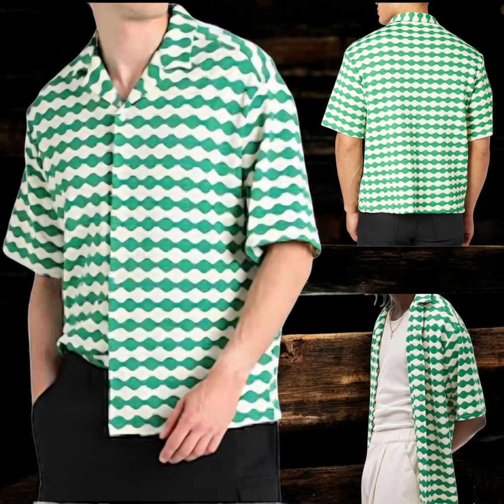 NWOT TOPMAN 2X  By Asos Green/Ecru Crochet Half Sleeve Button Down Comfort Fit